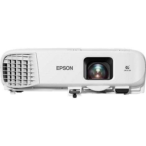 Witte Epson-projector, vooraanzicht. Grote lens, logo en ventilatiesleuven.