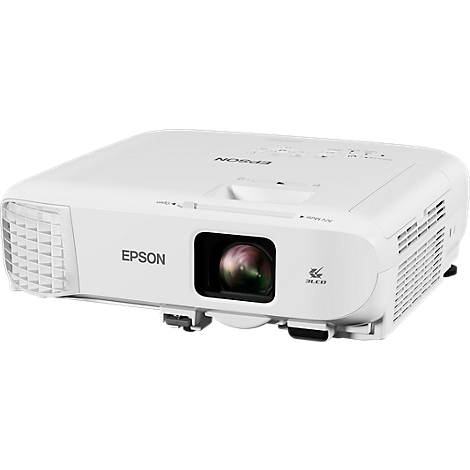Projecteur Epson blanc avec objectif et logo, vue de face.