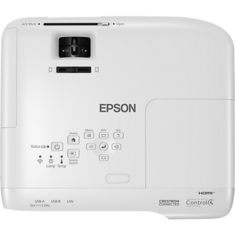 Projecteur Epson blanc, vue de dessus. Les commandes et le logo Epson sont situés sur le dessus.