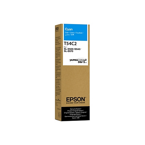 Cartouche d'encre cyan Epson, emballage avec informations sur le produit.