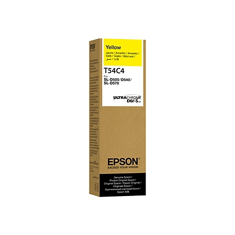 Détail du produit de la cartouche d'encre Epson jaune avec un fond jaune. Texte: Yellow, T54C4, pour SL-D500/D540/D570. Logo Epson.