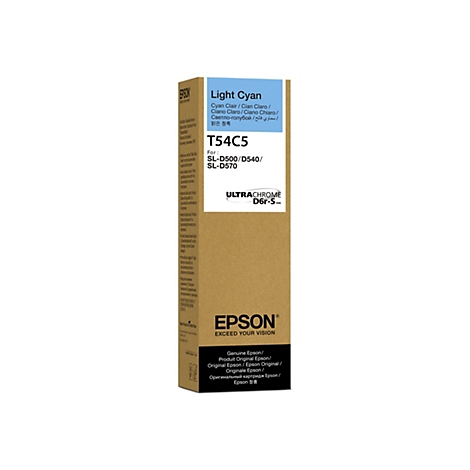 Emballage de produit Epson avec l'étiquette 'Light Cyan' et le modèle T54C5. L'emballage affiche également l'encre Ultrachrome D6r-S.