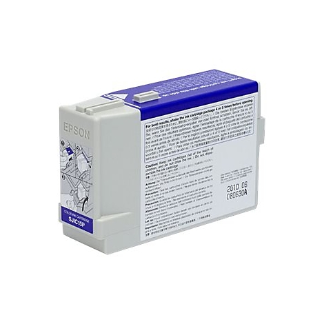 Cartouche d'encre Epson grise avec bouchon bleu, texte et date. 'COLOR INK CARTRIDGE SJC15P'.