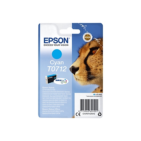 Cartouche d'encre cyan Epson avec une tête de léopard en arrière-plan. Des informations sur le produit y sont imprimées.