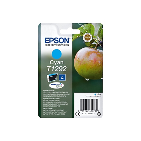 Emballage de produit pour l'encre cyan Epson. L'emballage présente un champ d'encre bleu, le texte "Cyan T1292" et une pomme en arrière-plan.