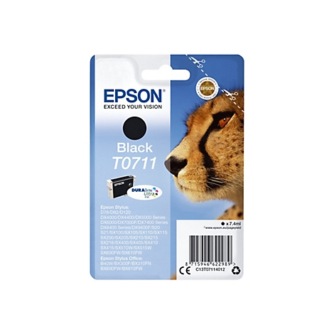 Une cartouche d'encre Epson étiquetée "Black T0711" sur fond de tête de guépard.