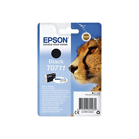 Cartouche d'encre noire Epson T0711 avec un portrait de guépard en arrière-plan.