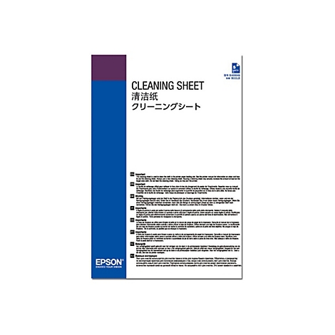 Produktverpackung für Epson Reinigungstücher für Drucker mit mehrsprachigen Anwendungshinweisen.