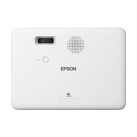 Weißer Epson-Projektor, rechteckig, mit Lautsprecherlöchern, Ein- / Aus-Taste und Objektiv. Aufschrift: EPSON und 3LCD.