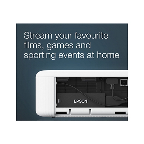 Nahaufnahme eines weißen Projektors. Aufschrift: Streamen Sie Ihre Lieblingsfilme, Spiele und Sportveranstaltungen zu Hause. Der Projektor hat das Epson-Logo.