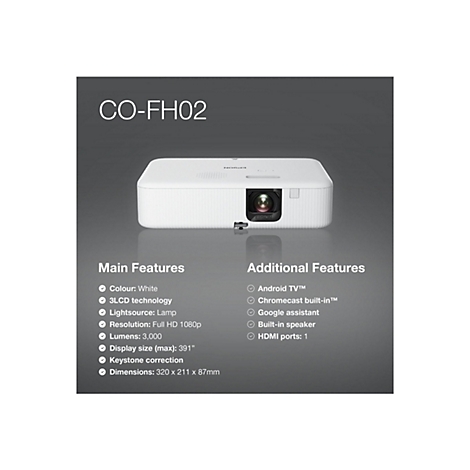 Weißer Projektor mit "EPSON" Logo. Produktmerkmale wie Full HD, Android TV, Chromecast und HDMI-Anschlüsse sind im Bild aufgelistet.