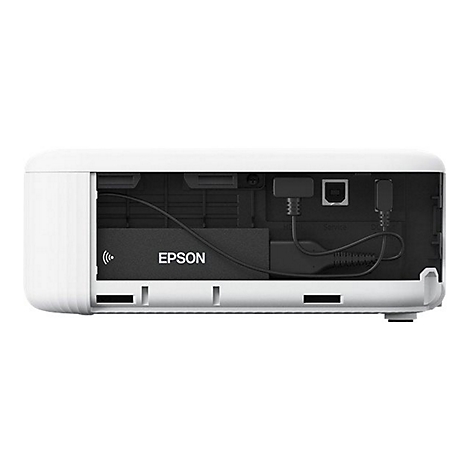 Nahaufnahme der Rückseite eines weißen Epson-Projektors. Sichtbar sind Anschlüsse, das Epson-Logo und ein Wi-Fi-Symbol.