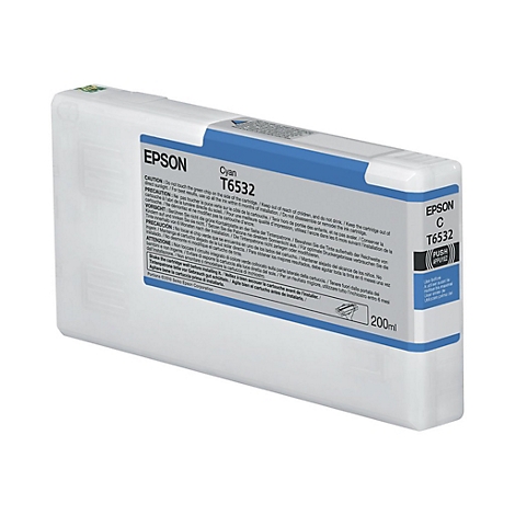 Eine Druckerpatrone von Epson, Cyan, mit Text: T6532, 200ml.
