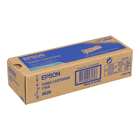 Eine rechteckige Epson-Toner-Kartusche, Cyan 0629, liegt auf weißem Grund. Auf der Oberseite ist eine blaue Fläche mit Text, darunter das Epson-Logo und Produktinformationen. Der Karton ist beige.