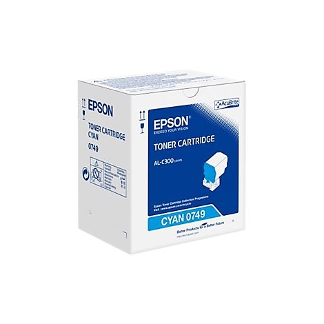 Weißer Epson Toner-Karton, mit blauem Text und Logo. Aufschrift: Toner Cartridge CYAN 0749.