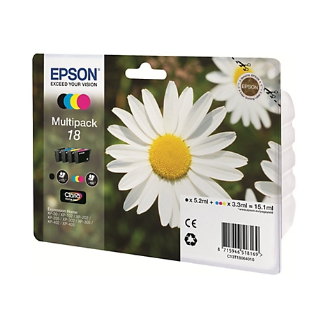 Multipack de cartouches d'encre Epson sur fond de marguerites. Couleurs : jaune, cyan, magenta et noir. Texte imprimé : Multipack 18.