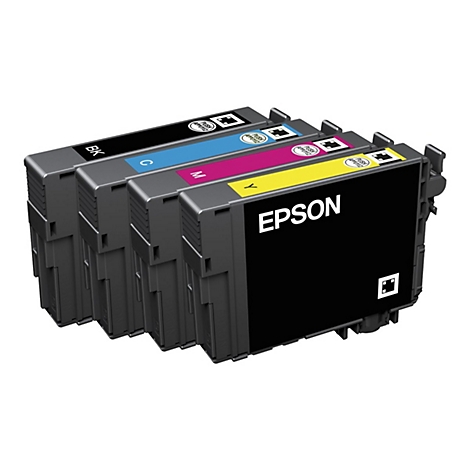 Gros plan sur quatre cartouches d'encre Epson. Noir, cyan, magenta et jaune sont étiquetés, avec le logo Epson.