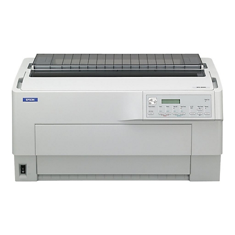 Ein grauer Epson DFX-9000 Nadeldrucker auf weißem Hintergrund. Oberhalb der Papierzufuhr befindet sich eine transparente, dunkle Abdeckung.