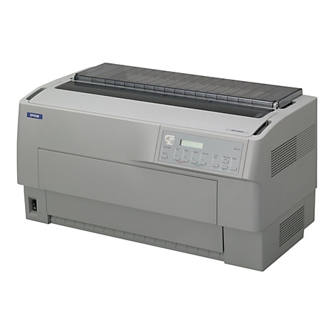 Grauer Epson DFX-9000 Nadeldrucker mit Bedienfeld und Ein/Aus-Schalter.