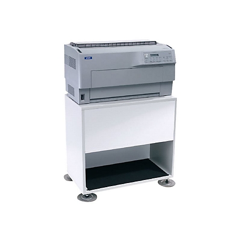 Ein grauer Epson-Drucker steht auf einem weißen Schrank. Der Schrank hat eine offene untere Ablage.