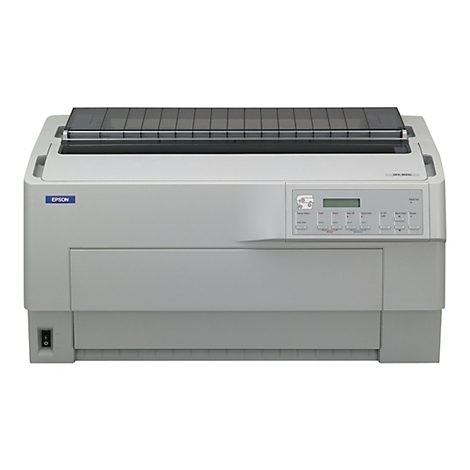Ein grauer Epson DFX-9000 Nadeldrucker, mit Bedienelementen und geschlossenem Deckel.
