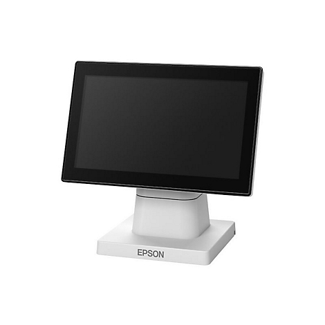 Ein weißer POS-Bildschirm von Epson. Schwarzer Bildschirm, weißer Standfuß, Epson-Logo.