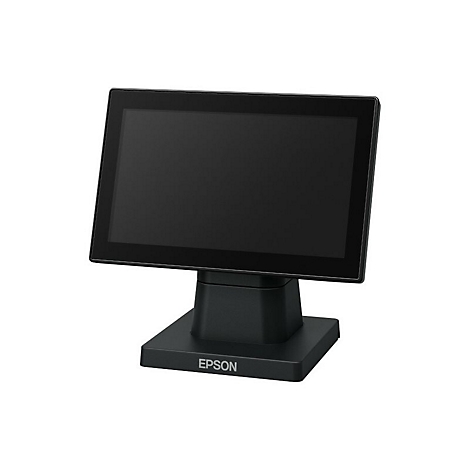 Schwarzer Touchscreen-Monitor von Epson, leicht geneigt auf einem Sockel.