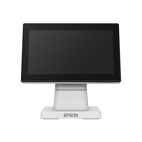 Ein weißes Kassensystem mit einem schwarzen Bildschirm. Auf dem Sockel steht „EPSON“.