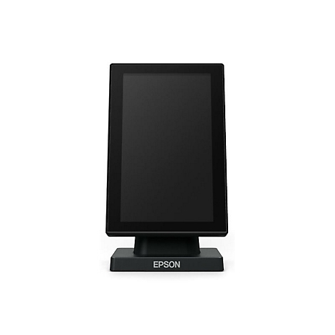 Schwarzes Kassensystem, stehend auf einer rechteckigen Basis mit dem Epson Logo.
