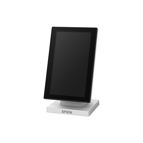 Ein schwarzer Touchscreen-Monitor steht auf einem weißen Sockel, darunter ist das Epson-Logo.