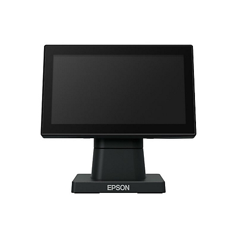 Schwarzer Touchscreen-Monitor mit EPSON-Logo auf dem Sockel, vor weißem Hintergrund.