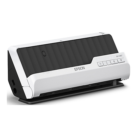 Ein weiß-schwarzer Epson DS-C330 Dokumentenscanner. Oben eine schwarze, geriffelte Oberfläche. Auf der Vorderseite das Epson Logo und Bedienelemente.