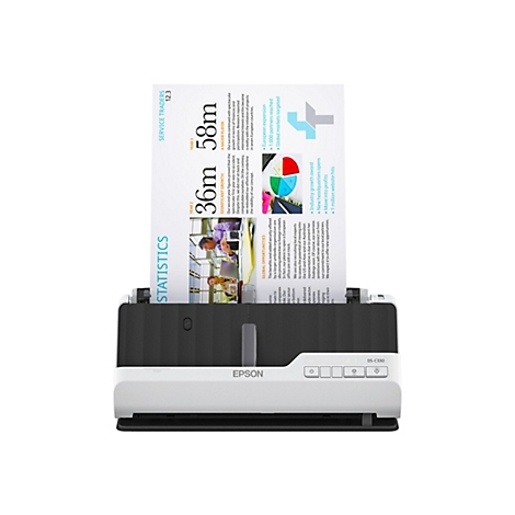 Ein weiß-schwarzer Epson-Scanner mit einem eingezogenen Blatt, auf dem Finanzdaten stehen.