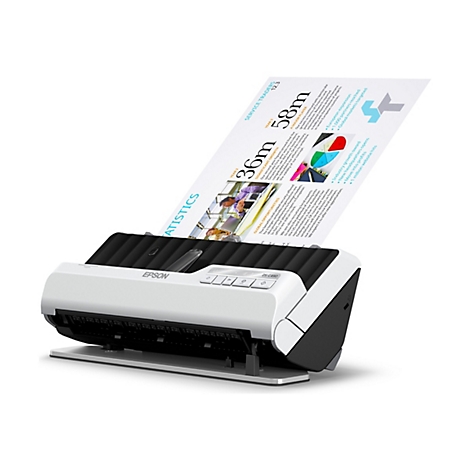 Un scanner Epson DS-C490 scannant un document. Le document scanné montre des graphiques et du texte, notamment le titre "STATISTICS".
