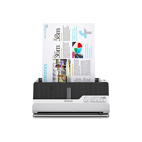 Un scanner de documents Epson scanne une feuille avec des infographies. Il affiche des graphiques et des chiffres tels que 36m et 58m.