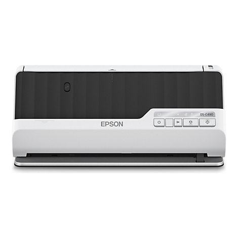 Un scanner Epson DS-C490 blanc. Le dessus est noir. Il y a des boutons et le logo Epson sur le devant.