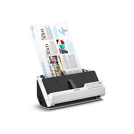 Un scanner Epson blanc avec un document représentant des statistiques et des graphiques. Le scanner possède des boutons de commande et le logo Epson.
