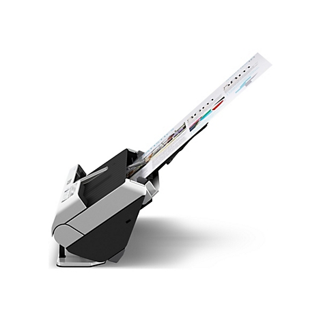 Un scanner gris avec un document qui en dépasse sur fond blanc. Le document contient du texte et des barres colorées.