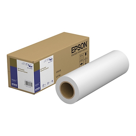 Epson DS Transfer Papierrolle mit zugehörigem braunem Karton vor weißem Hintergrund.