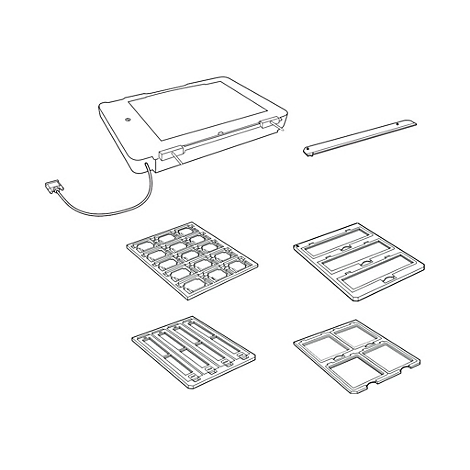Schwarz-Weiß-Zeichnung mit verschiedenen Produktkomponenten, z.B. Scanners. Inklusive Kabel, Rahmen und Einsätzen.