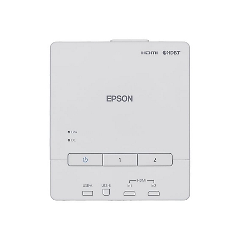 Weißes Epson-Gerät mit Tasten, Anschlüssen und HDMI-Kennzeichnung.