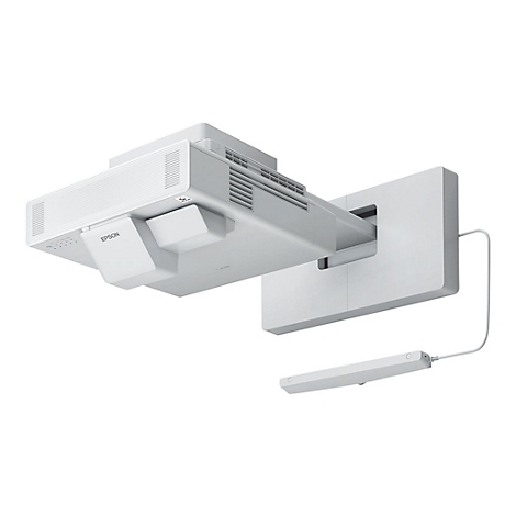 Weißer Projektor an der Decke montiert, EPSON-Logo sichtbar. Rechteckige Form, schlichtes Design.