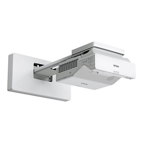Weißer Epson Kurzdistanzprojektor mit Wandhalterung vor weißem Hintergrund.