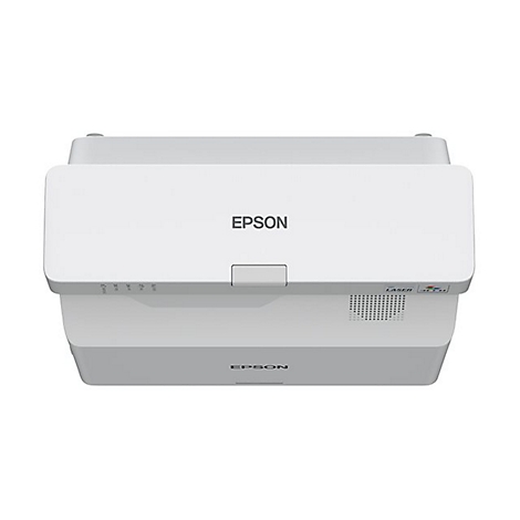 Draufsicht eines weißen Epson Kurzdistanzprojektors vor neutralem Hintergrund.