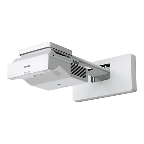 Epson Kurzdistanz-Projektor in Weiß mit Wandhalterung vor weißem Hintergrund.