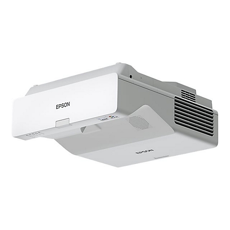 Weißer Epson Laserprojektor mit schlichtem Design vor weißem Hintergrund.