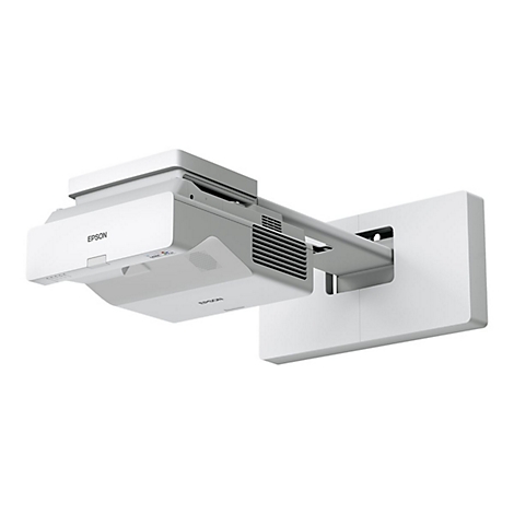 Weißer Epson Kurzdistanzprojektor mit Wandhalterung auf weißem Hintergrund.