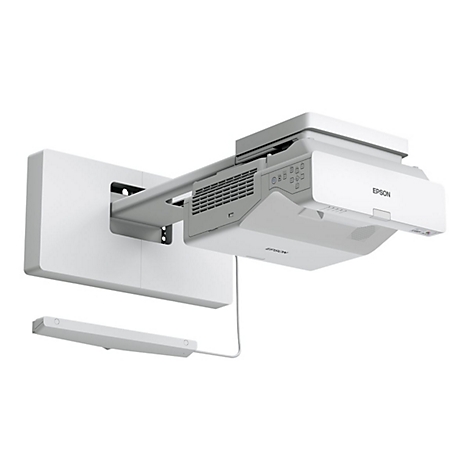 Ein weißer Epson Kurzdistanzprojektor mit Wandhalterung auf weißem Hintergrund.