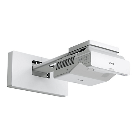 Ein weißer Epson Kurzdistanzprojektor mit Wandhalterung vor weißem Hintergrund.