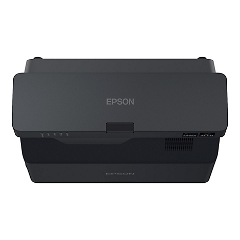 Draufsicht auf einen schwarzen Epson-Projektor. Auf der Oberseite steht "EPSON".